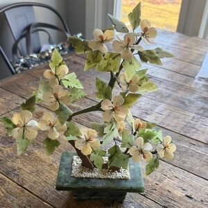 Elegant Vintage Floral Jade Bonsai with Cream Blossoms